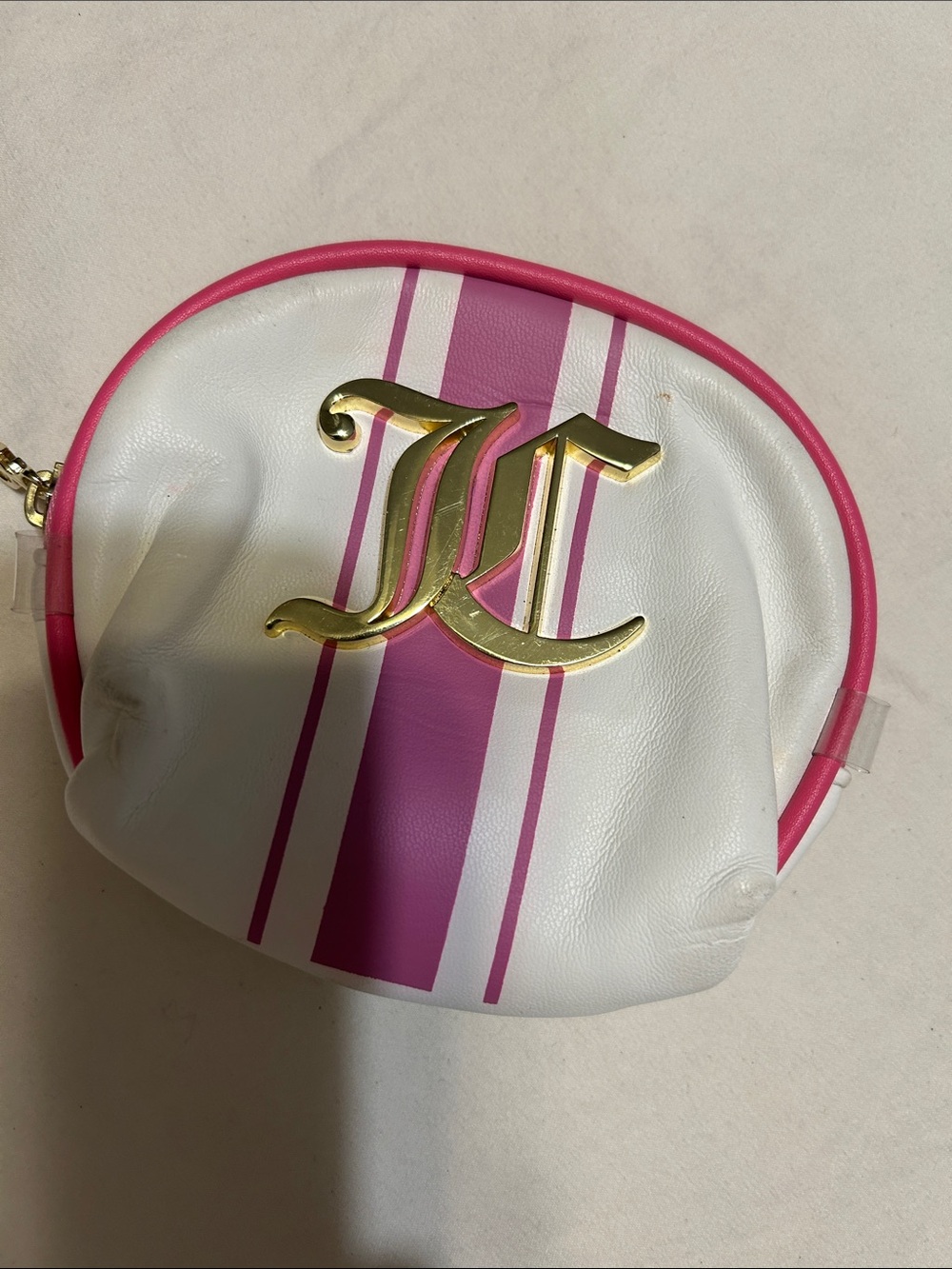 Juicy Couture White & Pink Striped Cosmetic Pouch with Gold Logo